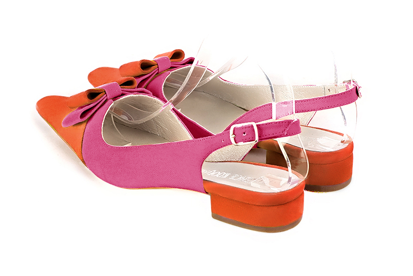 Women's clementine orange and hot pink elegant slingback heels, with a bow on the front. Tapered toe. Flat block heels - Rear view